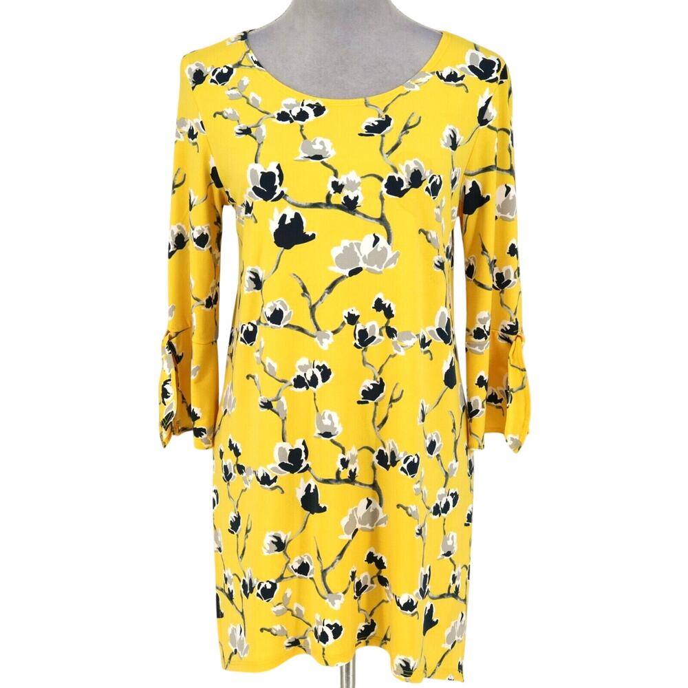 Clara Sun Woo Top Womens XS Yellow Floral Stretch Knit Tie Sleeves Pullover